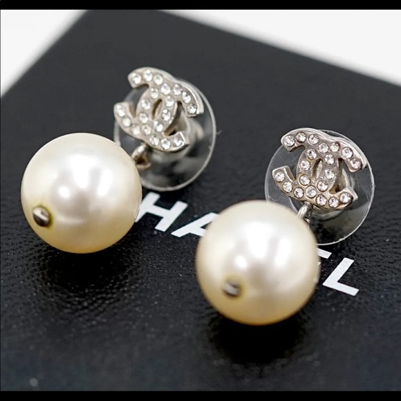 CHANEL CC Logos Rhinestone Pearl Dangle Earrings - Picture 1 of 6